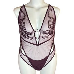 Thistle & Spire Tiger Mesh Bodysuit Cordial Burgundy Purple Sheer Strappy NWT 2X